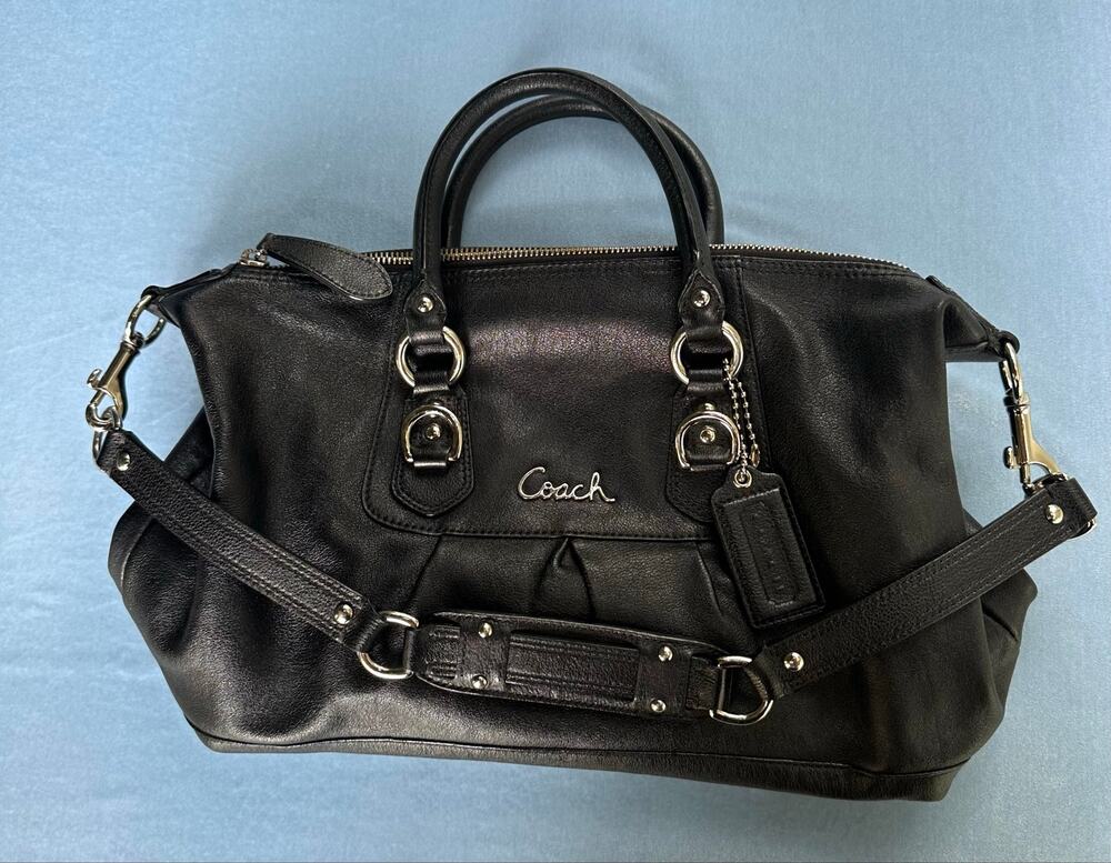 COACH Ashley Black Leather Convertible Satchel Shoulder Bag F15445 Purple Lining